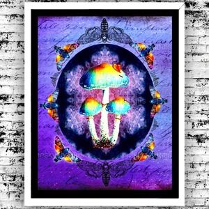 Art Print Vibrant Mushroom Death Moth Purple Surreal Nature Wall Decor 8.5x11